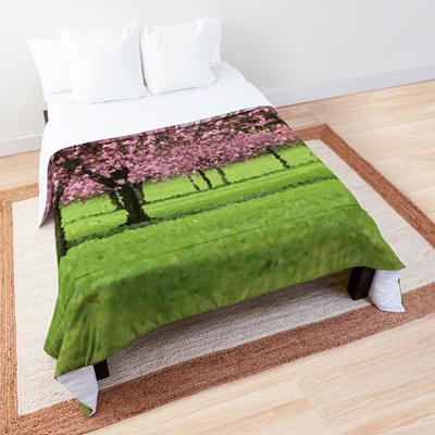 Pink Blossoming Trees Over Green Field
