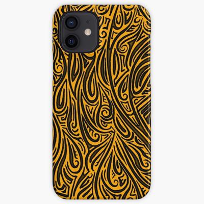 Swirling Abstract Line Art in Black on Orange