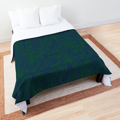 Swirling Abstract Line Art in Dark Blue on Green